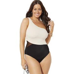 Swimsuits For All One Shoulder One Piece Swimsuit Size 24 Black White Mesh NWT